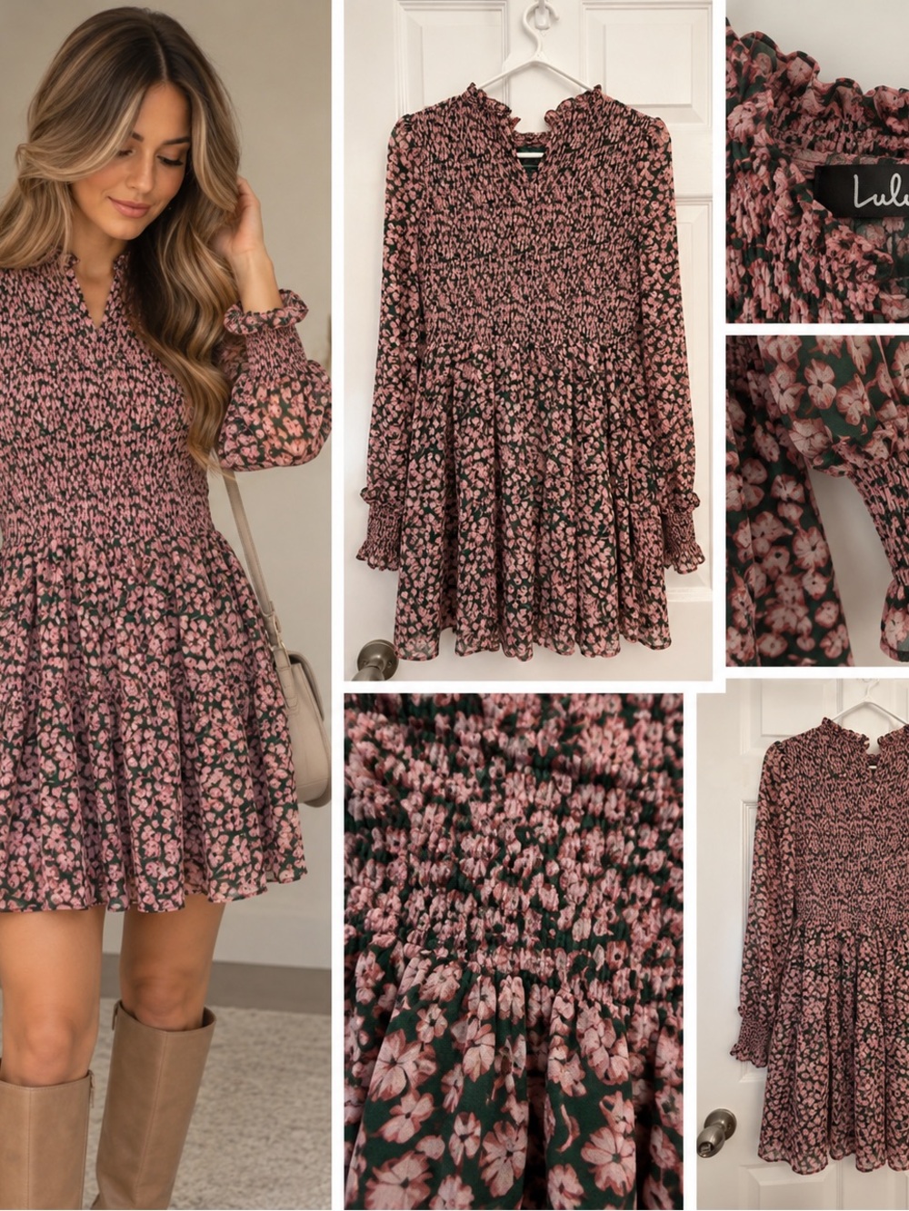 Pink and Green Floral Smocked Long-Sleeve Mini Dress